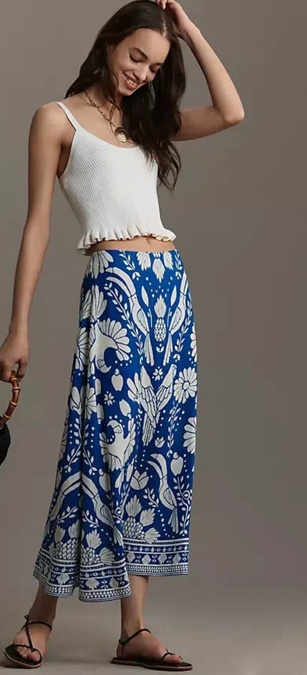 Farm Rio x Anthropologie Blue-and-White Printed Maxi Skirt size Small $150